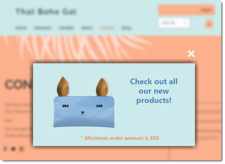 Screenshot of a popup lightbox showing the requirement for a minimum order amount