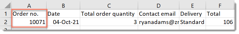 Screenshot van een deel van een spreadsheet met geëxporteerde bestellingen waarbij alle items in de bestelling in dezelfde rij worden vermeld