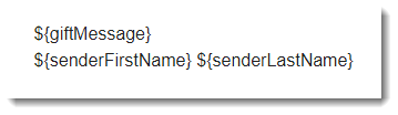 Screenshot der dynamischen Feldcodes in der Geschenkkarten-E-Mail, die an Empfänger gesendet wird