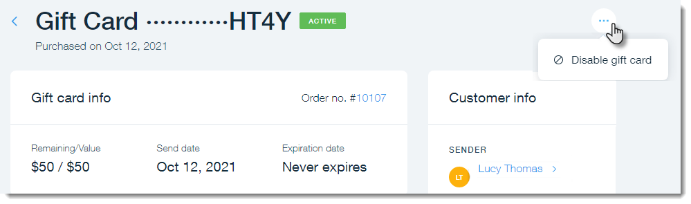 Wix kontrol panelinde hediye kartını devre dışı bırak seçeneğinin vurgulandığı hediye kartı satışının ekran görüntüsü