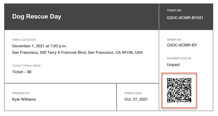 A screenshot of an event ticket highlighting a QR code.