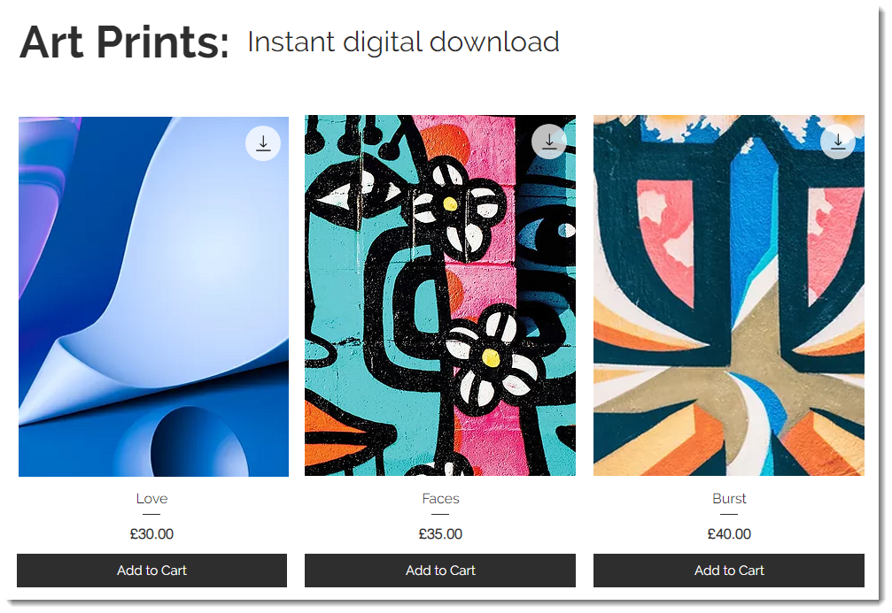 Screenshot of an online store with Wix selling art prints.