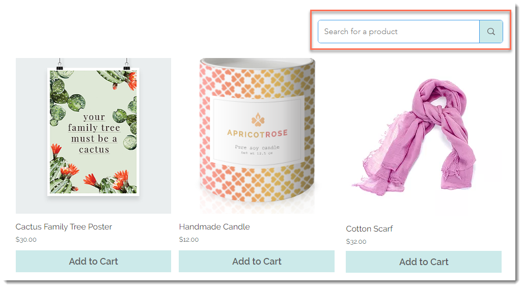 Screenshot of a Wix store site showing a search box