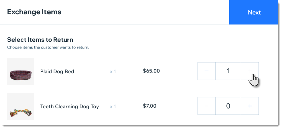 Screenshot of an order from a store with Wix POS showing the screen where you process exchanges