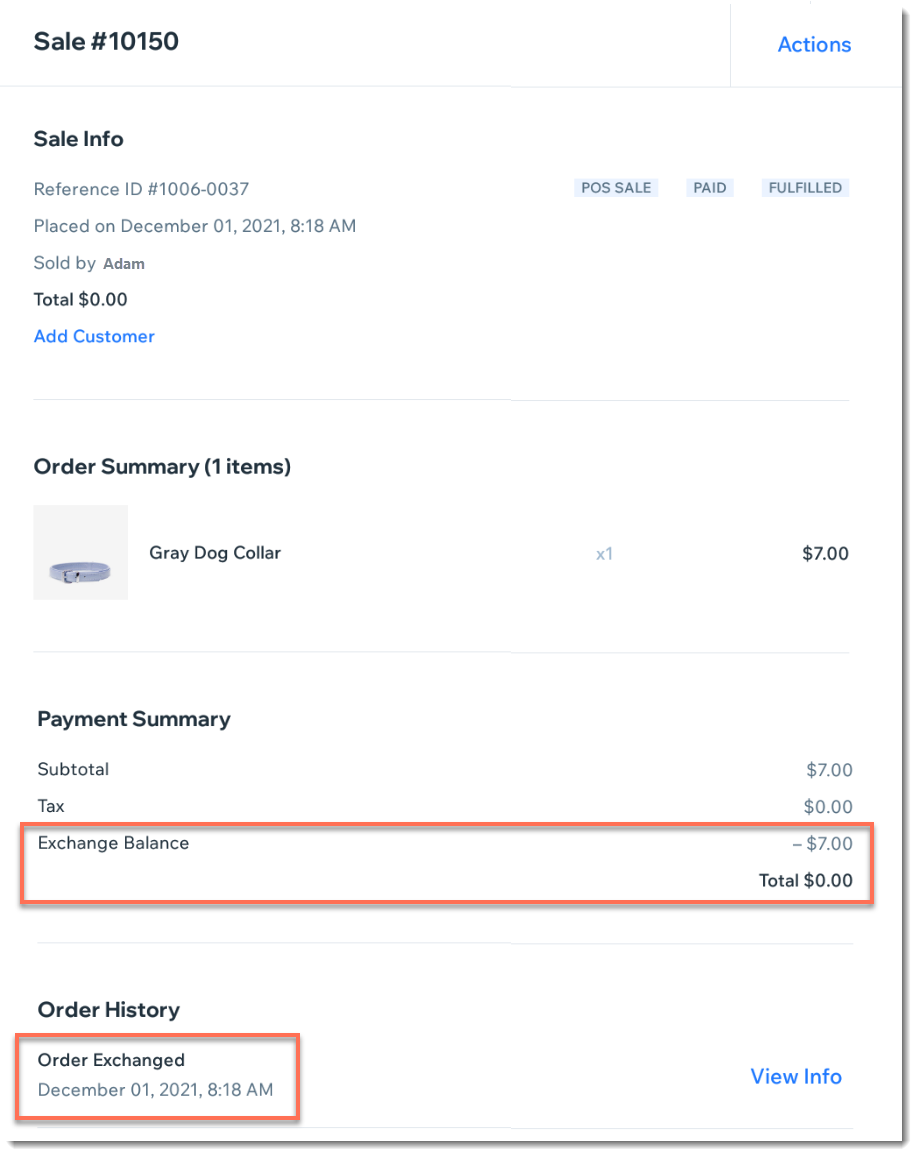 Screenshot of an order from a store with Wix POS showing a new order after a product was exchanged