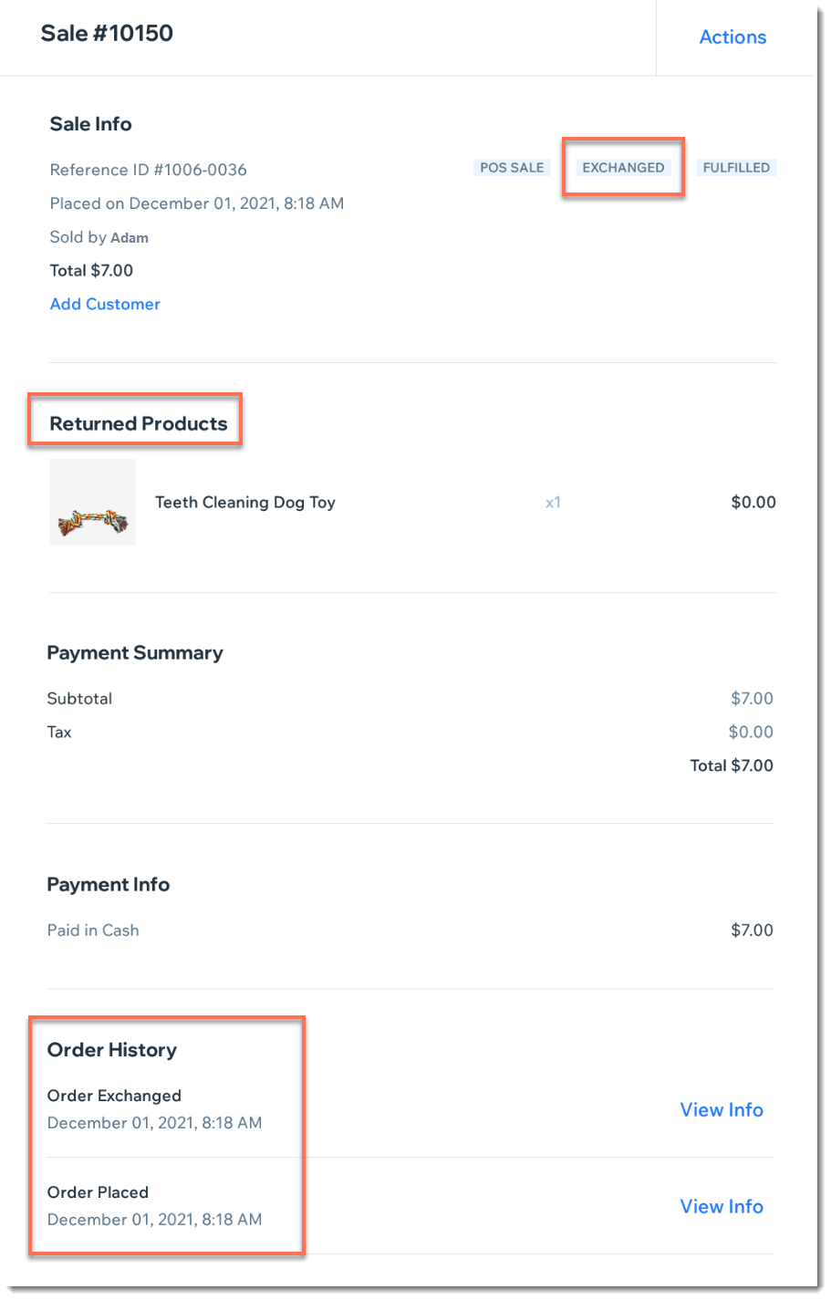 Screenshot of an order from a store with Wix POS showing that the product was echanged