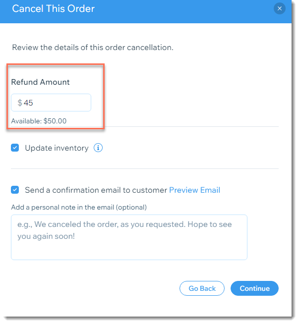 Screenshot of the cancel order screen, with a custom amount being refunded