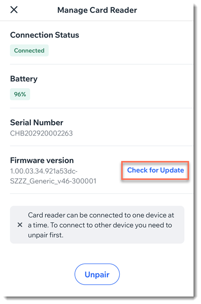 screenshot of manage card reader page in the Wix Owner app with the Check for Update link outlined