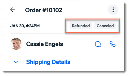 Een screenshot van een geannuleerde en terugbetaalde bestelling in de Wix Owner-app.