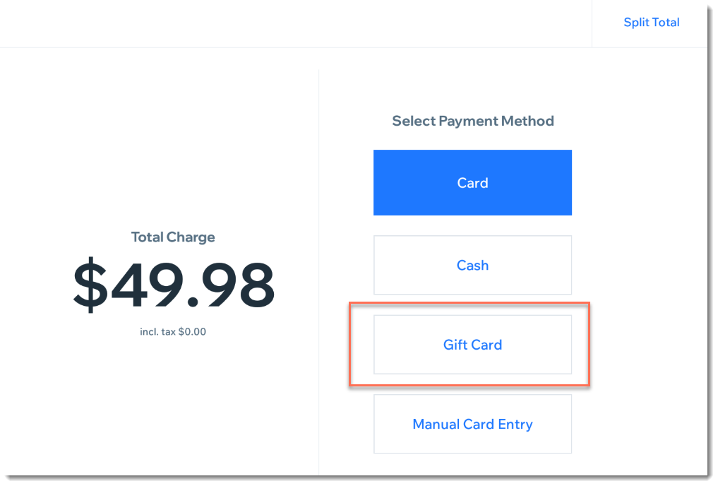 Screenshot of Wix retail POS payment screen, with the Gift Card option outlined