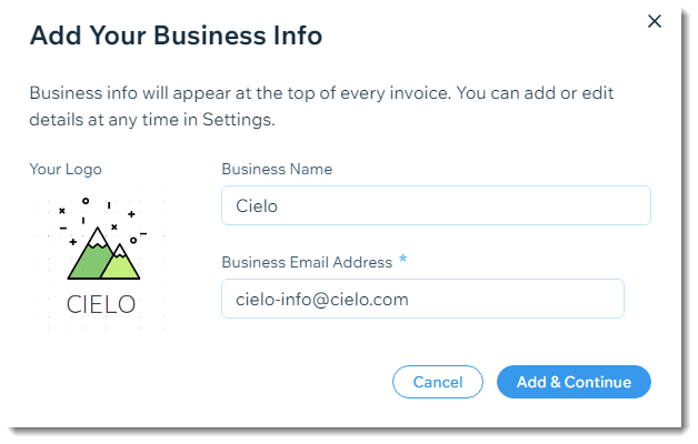 Screenshot of the popup where you can enter your business information for invoices