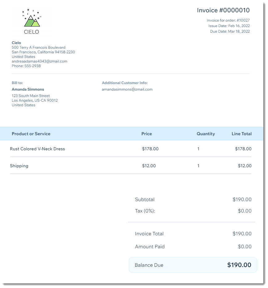 Screenshot of a sample Wix invoice