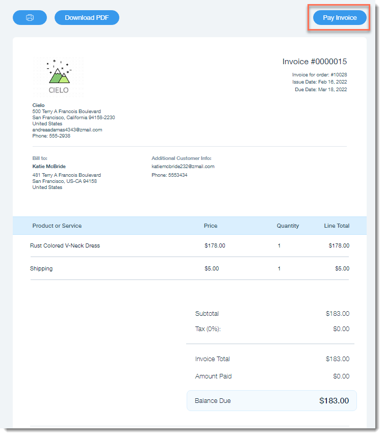 Screenshot of a sample invoice