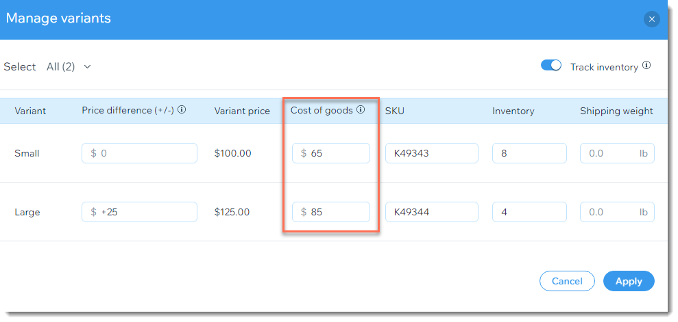 The manage variants window. The cost of goods for each option is highlighted.