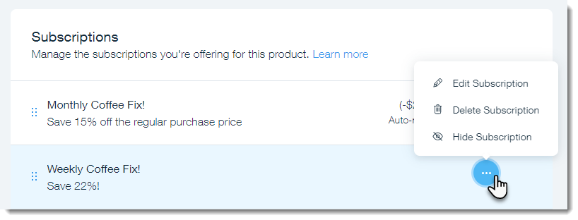 Screenshot of the edit, hide, and delete actions you can take on a subscription option for a product