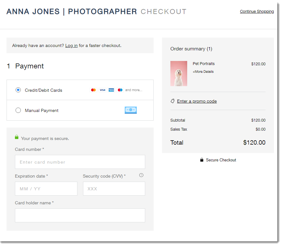 A screenshot showing the checkout page as the client sees it.