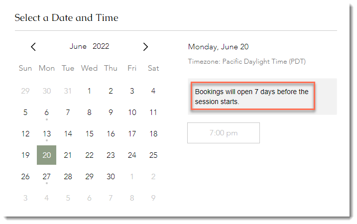 A screenshot showing a message on the booking calendar advising clients when the booking window opens.