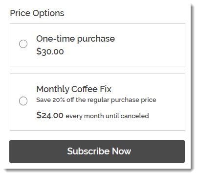 Screenshot showing how subscription options look on a live site along with a one-time purchase option