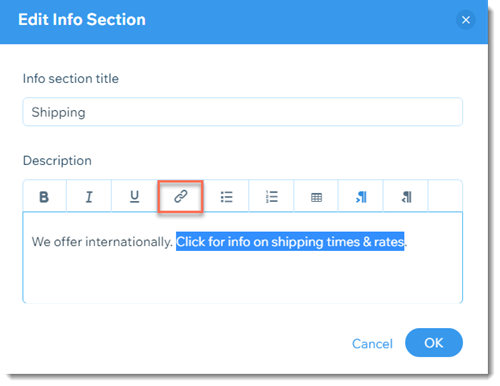 Screenshot of the window you use to add an info section to a product in a Wix store with the link icon outlined