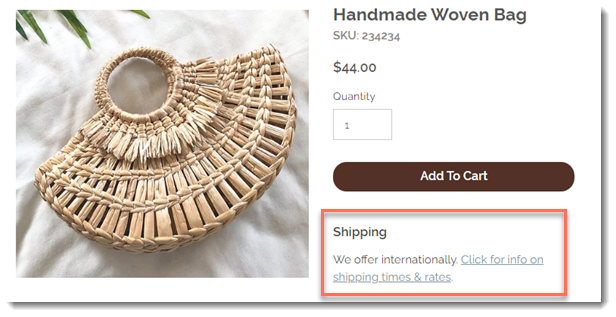 Screenshot of a product in a Wix stores that has an info section containing a link