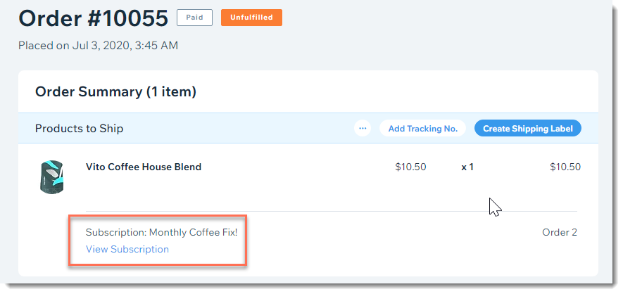 Screenshot of a subscription order in the Wix orders tab