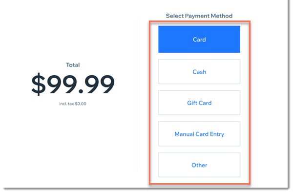 Screenshot of the payment method options at checkout in Wix Retail POS