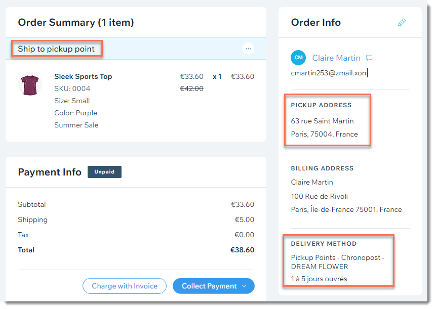 Screenshot of a store order that's going to be delivered to a pickup point in the Wix dashboard