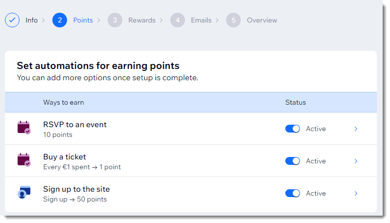 Een screenshot van de tweede stap bij het opzetten van een loyaliteitsprogramma op het dashboard van de Wix-website.