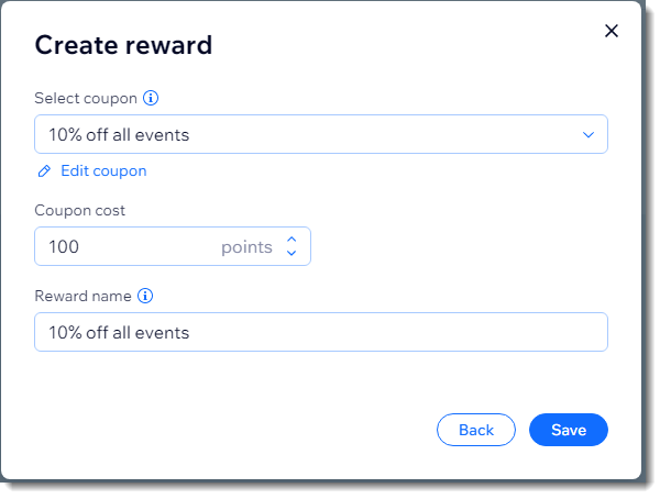 Een screenshot van het maken van een beloning voor een Wix Loyaliteitsprogramma.