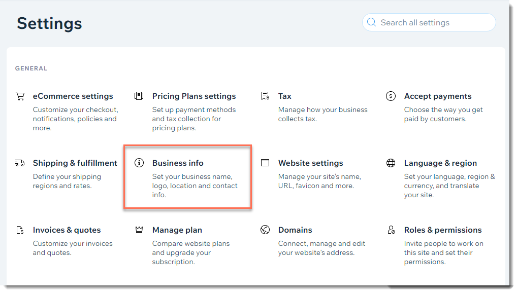 Screenshot of the Settings page in a Wix Site. The Business info settings are outlined