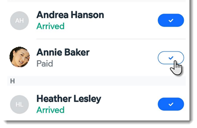 A screenshot of a tapping a checkmark icon next to a guest's name in the Wix Owner app.