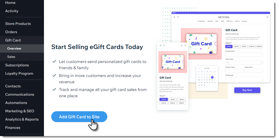 Image of the gift card page in the Wix dashboard