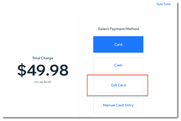 Screenshot of Wix retail POS payment screen, with the Gift Card option outlined