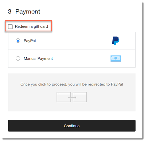 Screenshot of online site payment screen, with the redeem a gift card option outlined