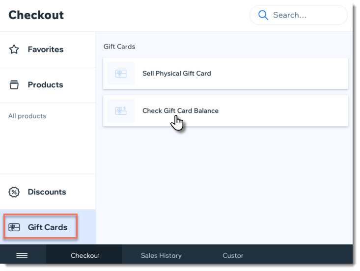 Screenshot of the Gift Card tab in the Wix Retail POS