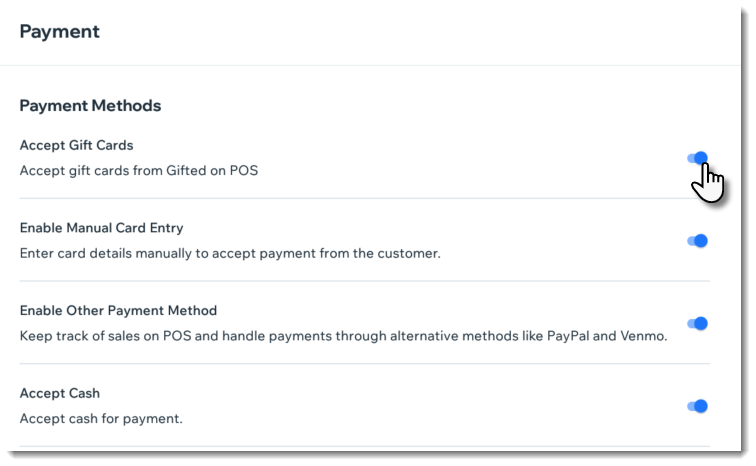 Screenshot of the payment settings screen in Wix Retail POS with the accept gift card option outlined