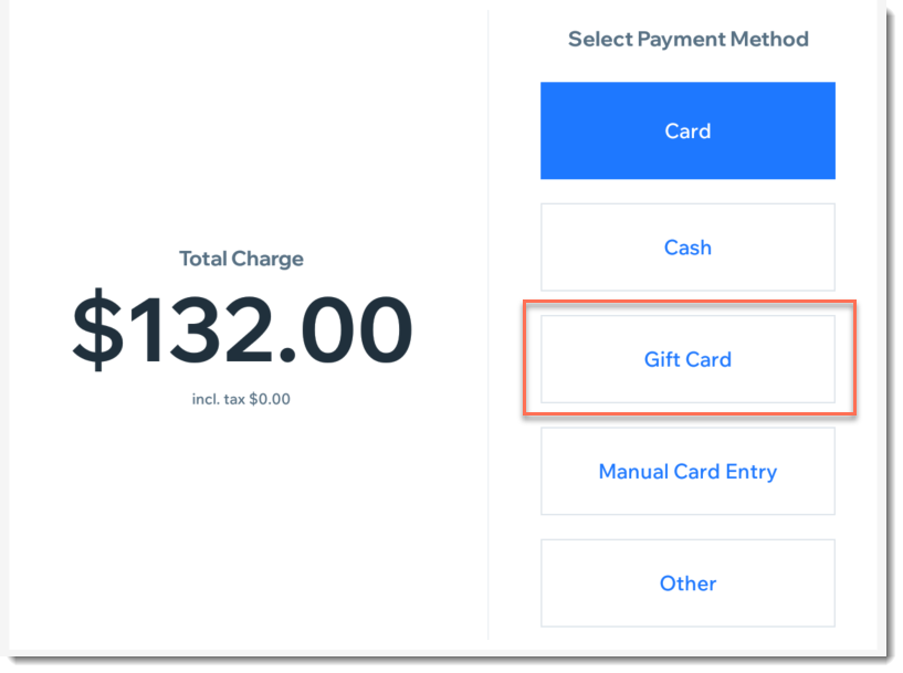 Screenshot of the payment screen in Wix Retail POS with the gift card option outlined