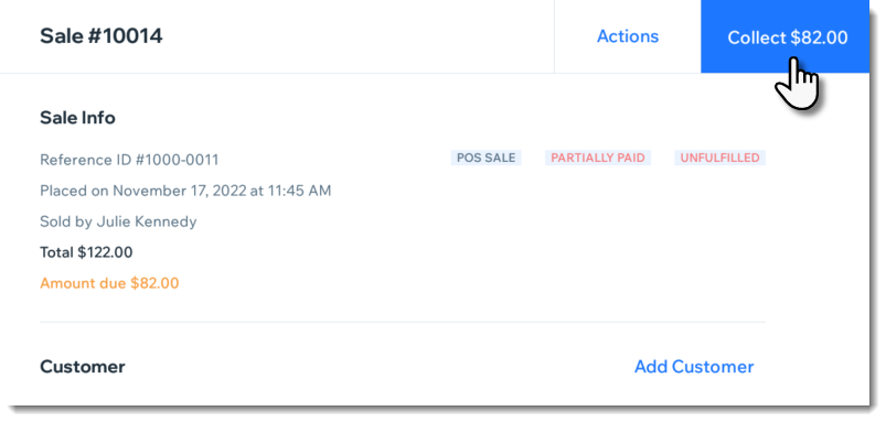 Screenshot of a sale in the sales history tab in Wix POS, with the Collect button indicated