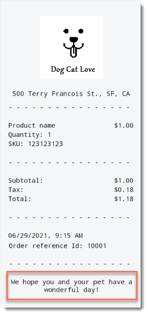 Screenshot of the top of a Wix POS receipt with the custom message outlined