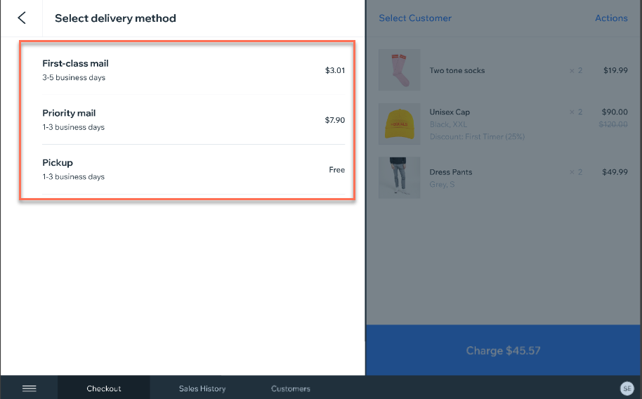 Screenshot of the Wix Retail POS  with  ship to customer screen shown