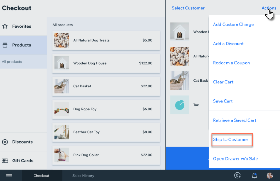 Screenshot of the Wix Retail POS checkout screen, with the Actions drop-down options visible and ship to customer outlined