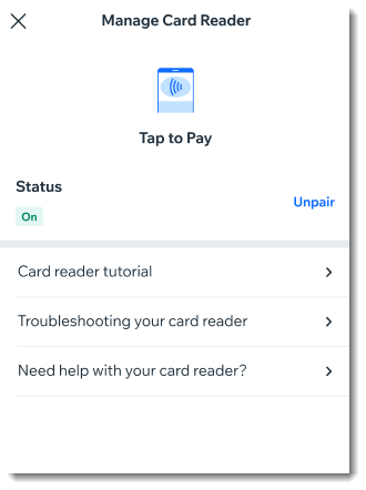 Screenshot of manage card reader screen