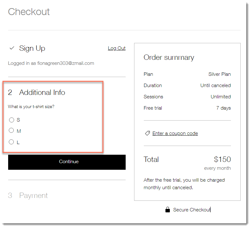 Screenshot che mostra un modulo di checkout per un piano a pagamento, che include una casella di scelta multipla