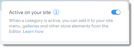 Screenshot of the Active on your site toggle for store categories