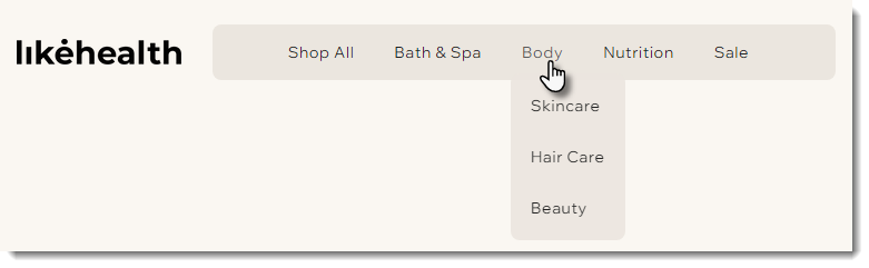 Captura de tela de um exemplo de menu do site com itens do submenu