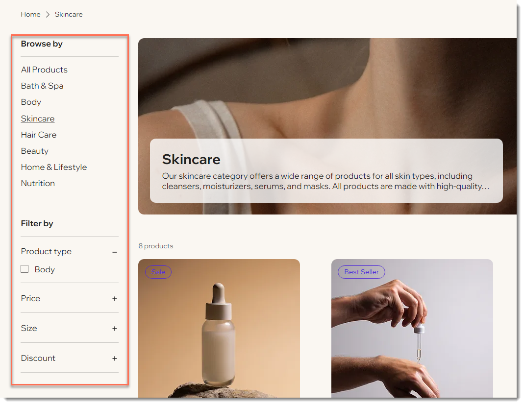 Captura de tela da página de categoria em um site com uma loja Wix com a barra lateral destacada