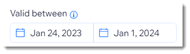 Screenshot of a part of the coupon creation page in the Wix dashboard where you select the dates the coupon is valid