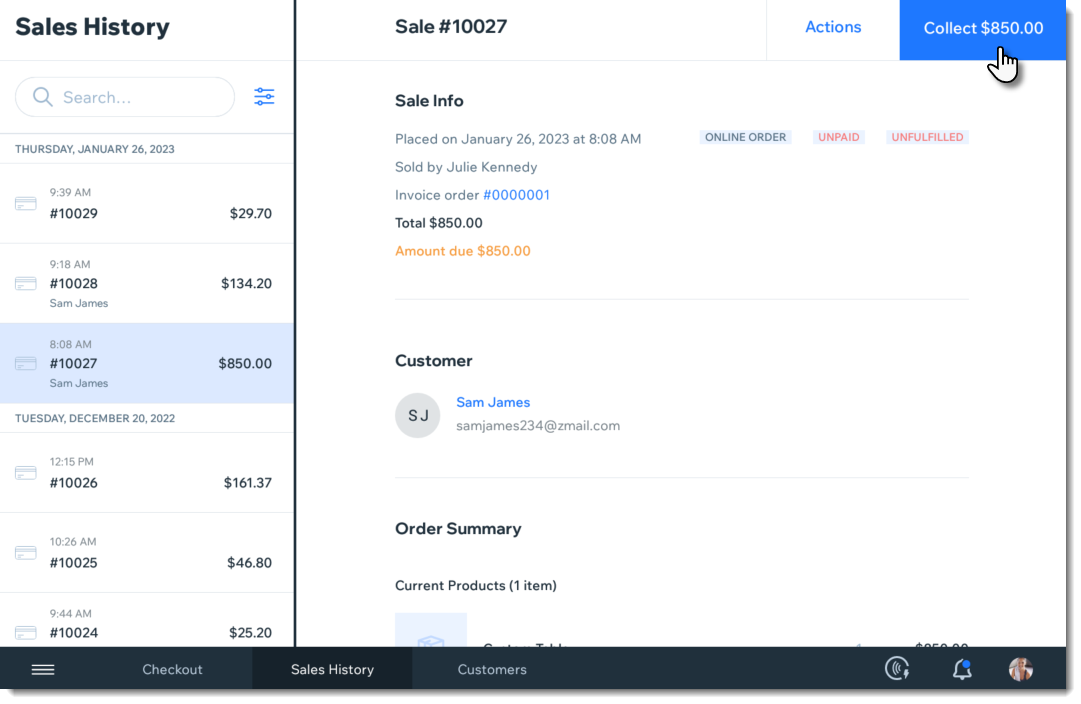 Capture d'écran d'une vente dans l'onglet Historique des ventes de Wix Point de vente