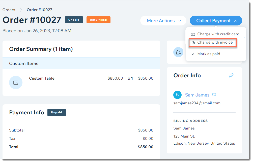 Screenshot of an order in the Orders tab in the Wix dashboard