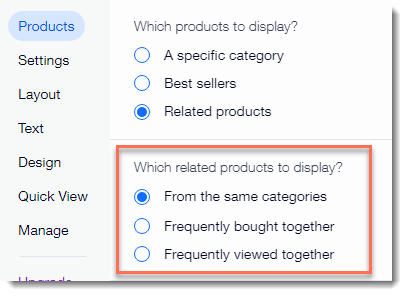 Screenshot of the Product tab in the related products gallery settings